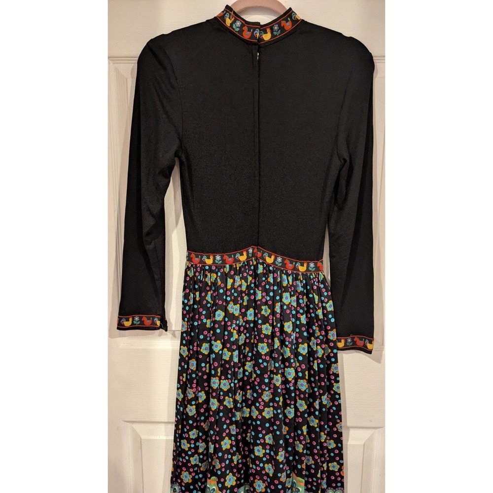 Melissa Lane Black Floral Rooster Folk Art Midi Dress Size 8 Chic 90s Boho Party - Picture 8 of 11